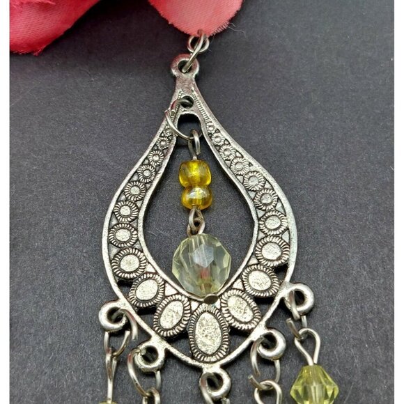 Boho Hippie Statement Earrings 4" Dangle Silver Tone & Beaded Tiny Rose Accents - Picture 2 of 7